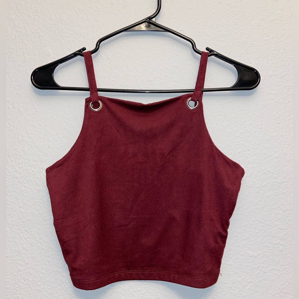 Burgundy boat neck spaghetti strap crop top